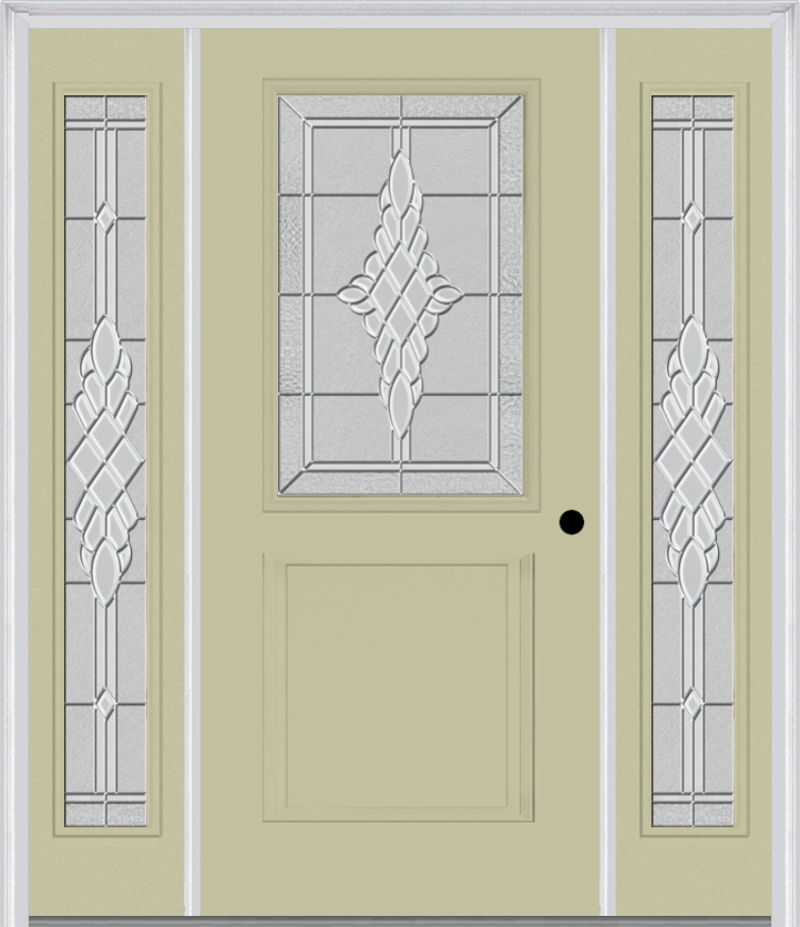MMI 1/2 Lite 1 Panel 6'8" Fiberglass Smooth Grace Nickel Or Grace Patina Exterior Prehung Door With 2 Full Lite Grace Nickel/Patina Decorative Glass Sidelights 682