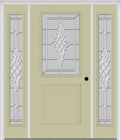 MMI 1/2 Lite 1 Panel 6'8" Fiberglass Smooth Grace Nickel Or Grace Patina Exterior Prehung Door With 2 Full Lite Grace Nickel/Patina Decorative Glass Sidelights 682