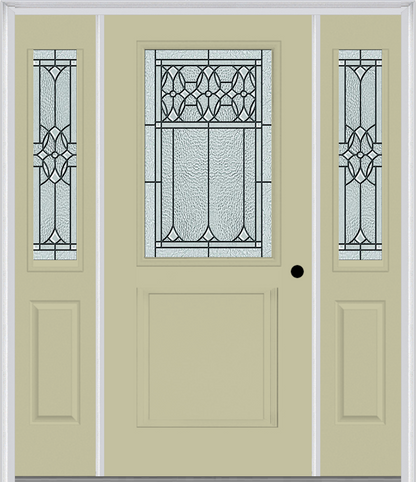 MMI 1/2 Lite 1 Panel 6'8" Fiberglass Smooth Selwyn Patina Exterior Prehung Door With 2 Half Lite Selwyn Patina Decorative Glass Sidelights 682