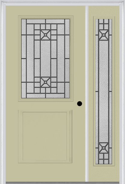 MMI 1/2 Lite 1 Panel 6'8" Fiberglass Smooth Courtyard Nickel Vein Wrought Iron Exterior Prehung Door With 1 Full Lite Courtyard Nickel Vein Wrought Iron Decorative Glass Sidelight 682