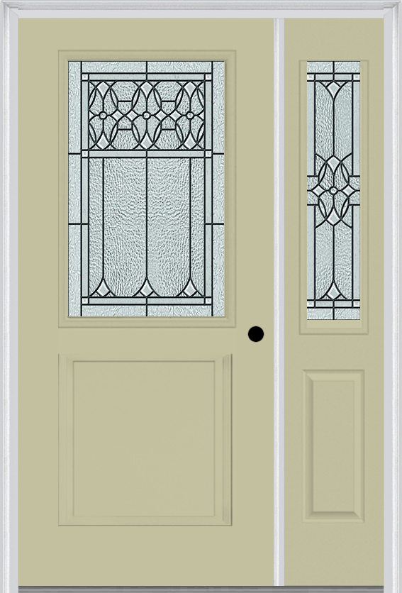 MMI 1/2 Lite 1 Panel 6'8" Fiberglass Smooth Selwyn Patina Exterior Prehung Door With 1 Half Lite Selwyn Patina Decorative Glass Sidelight 682