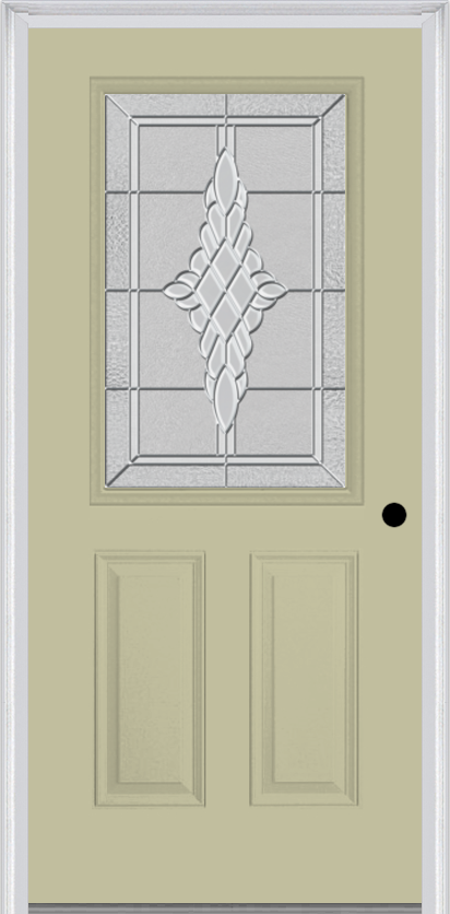 MMI 1/2 Lite 2 Panel 6'8" Fiberglass Smooth Grace Nickel Or Grace Patina Decorative Glass Exterior Prehung Door 684