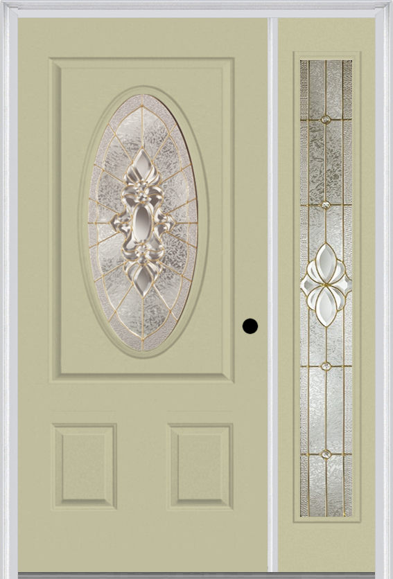 MMI Small Oval 2 Panel 3'0" X 6'8" Fiberglass Smooth Heirlooms Brass Or Heirlooms Satin Nickel Exterior Prehung Door With 1 Full Lite Heirlooms Brass/Satin Nickel Decorative Glass Sidelight 949