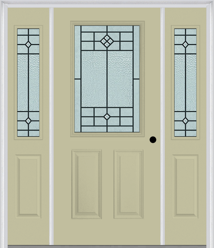MMI 1/2 Lite 2 Panel 6'8" Fiberglass Smooth Beaufort Patina Exterior Prehung Door With 2 Half Lite Beaufort Patina Decorative Glass Sidelights 684