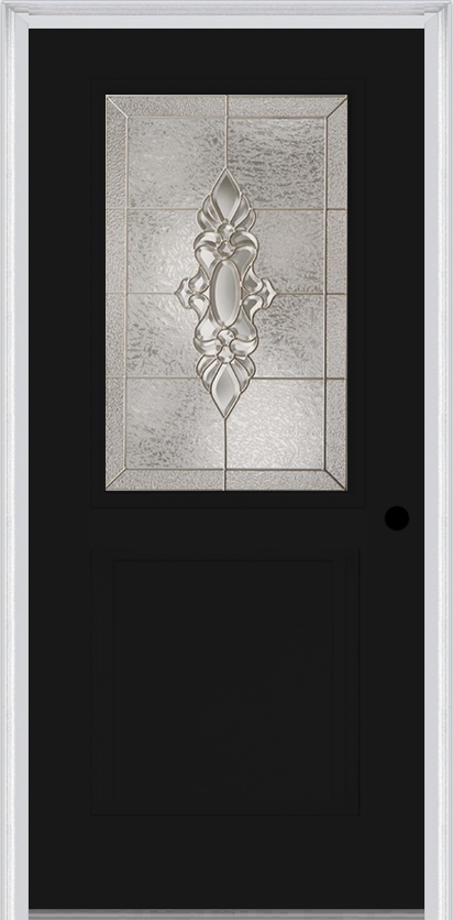 MMI 1/2 Lite 1 Panel 6'8" Fiberglass Smooth Heirlooms Brass Or Heirlooms Satin Nickel Decorative Glass Exterior Prehung Door 682