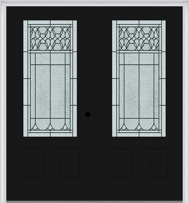 MMI TWIN/DOUBLE 3/4 LITE 2 PANEL 6'0" X 6'8" FIBERGLASS SMOOTH SELWYN PATINA DECORATIVE GLASS EXTERIOR PREHUNG DOOR 607