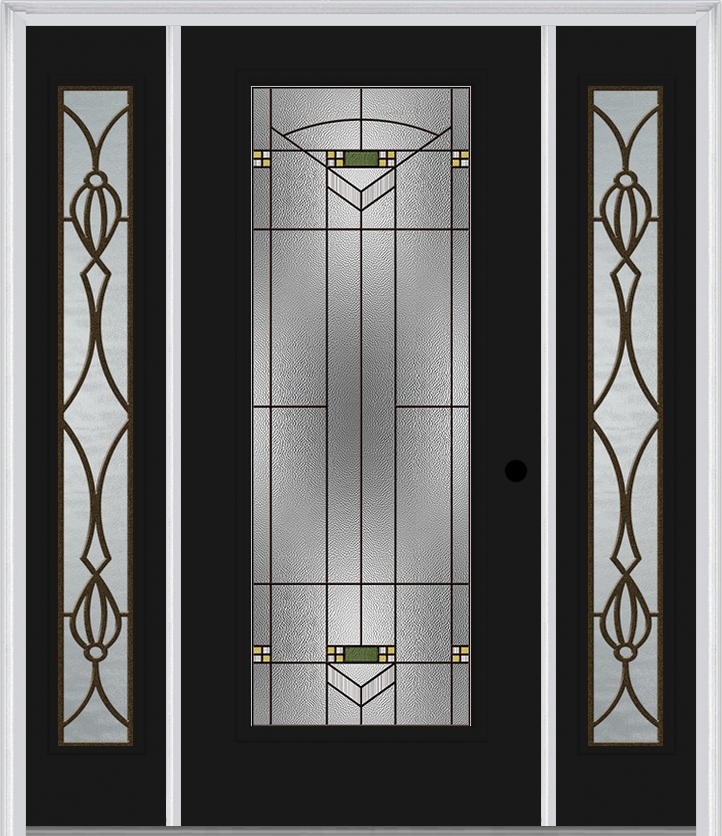 MMI Full Lite 6'8" Fiberglass Smooth Greenfield Oil Rubbed Bronze Exterior Prehung Door With 2 Full Lite Greenfield Oil Rubbed Bronze Decorative Glass Sidelights 686