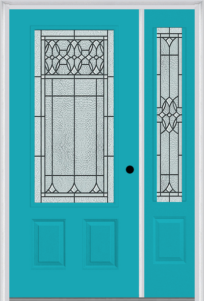 MMI 3/4 Lite 2 Panel 6'8" Fiberglass Smooth Selwyn Patina Exterior Prehung Door With 1 Selwyn Patina 3/4 Lite Decorative Glass Sidelight 607