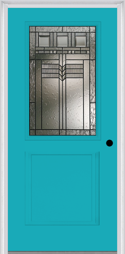 MMI 1/2 Lite 1 Panel 6'8" Fiberglass Smooth Oak Park Patina Decorative Glass Exterior Prehung Door 682
