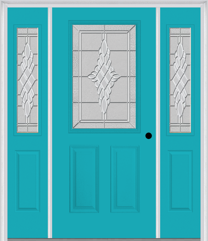 MMI 1/2 Lite 2 Panel 6'8" Fiberglass Smooth Grace Nickel Or Grace Patina Exterior Prehung Door With 2 Half Lite Grace Nickel/Patina Decorative Glass Sidelights 684