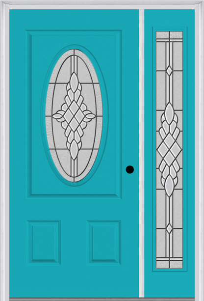 MMI SMALL OVAL 2 PANEL 3'0" X 6'8" FIBERGLASS SMOOTH GRACE NICKEL OR GRACE PATINA EXTERIOR PREHUNG DOOR WITH 1 FULL LITE GRACE NICKEL/PATINA DECORATIVE GLASS SIDELIGHT 949