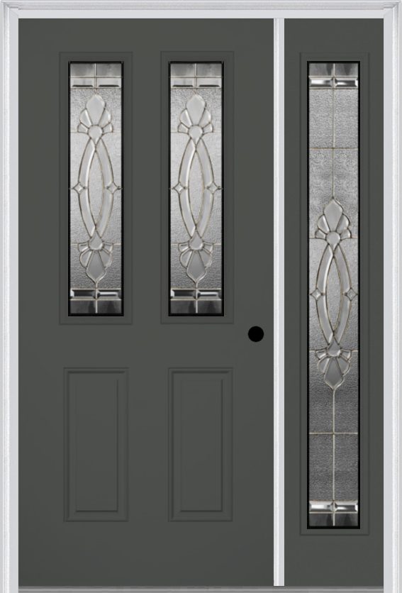 MMI 2-1/2 Lite 2 Panel 6'8" Fiberglass Smooth Belaire Zinc Exterior Prehung Door With 1 Full Lite Belaire Zinc Decorative Glass Sidelight 692