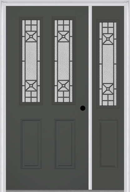 MMI 2-1/2 Lite 2 Panel 6'8" Fiberglass Smooth Courtyard Nickel Vein Wrought Iron Exterior Prehung Door With 1 Half Lite Courtyard Nickel Vein Wrought Iron Decorative Glass Sidelight 692