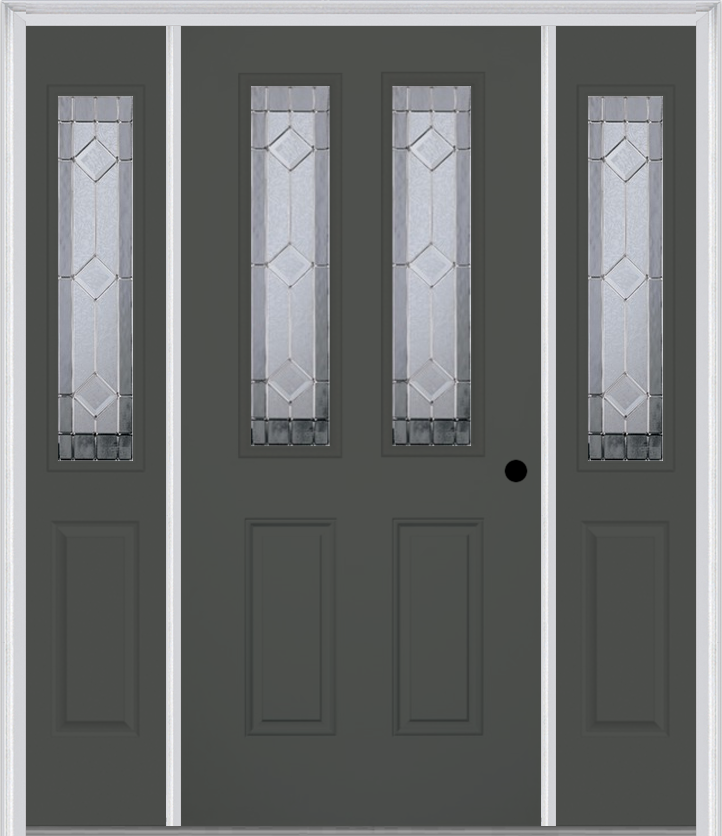 MMI 2-1/2 Lite 2 Panel 6'8" Fiberglass Smooth Majestic Nickel Exterior Prehung Door With 2 Half Lite Majestic Nickel Decorative Glass Sidelights 692