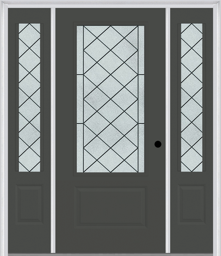 MMI 3/4 Lite 1 Panel 6'8" Fiberglass Smooth Harris Patina Exterior Prehung Door With 2 Harris Patina 3/4 Lite Decorative Glass Sidelights 608