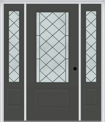 MMI 3/4 Lite 1 Panel 6'8" Fiberglass Smooth Harris Patina Exterior Prehung Door With 2 Harris Patina 3/4 Lite Decorative Glass Sidelights 608