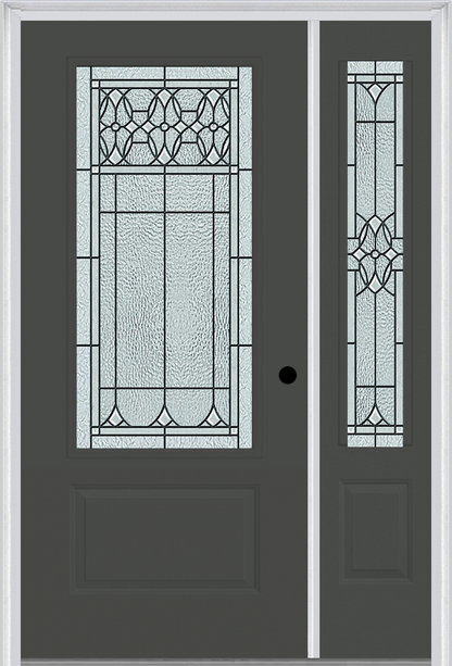 MMI 3/4 Lite 1 Panel 6'8" Fiberglass Smooth Selwyn Patina Exterior Prehung Door With 1 Selwyn Patina 3/4 Lite Decorative Glass Sidelight 608