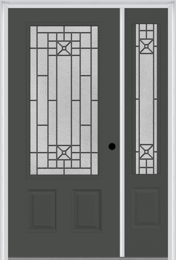 MMI 3/4 Lite 2 Panel 6'8" Fiberglass Smooth Courtyard Nickel Vein Wrought Iron Exterior Prehung Door With 1 Courtyard Nickel Vein Wrought Iron 3/4 Lite Decorative Glass Sidelight 607
