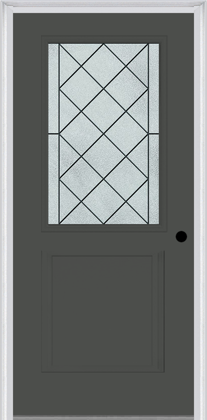 MMI 1/2 Lite 1 Panel 6'8" Fiberglass Smooth Harris Patina Decorative Glass Exterior Prehung Door 682