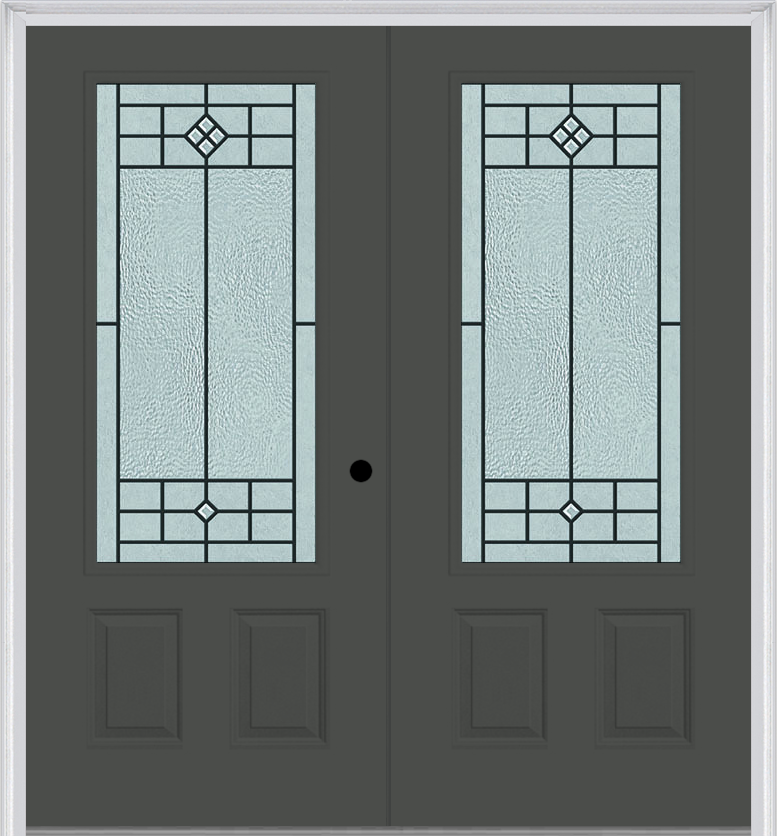 MMI TWIN/DOUBLE 3/4 LITE 2 PANEL 6'0" X 6'8" FIBERGLASS SMOOTH BEAUFORT PATINA DECORATIVE GLASS EXTERIOR PREHUNG DOOR 607