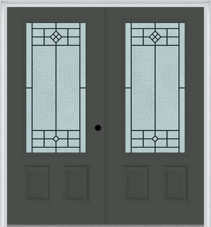 MMI TWIN/DOUBLE 3/4 LITE 2 PANEL 6'0" X 6'8" FIBERGLASS SMOOTH BEAUFORT PATINA DECORATIVE GLASS EXTERIOR PREHUNG DOOR 607