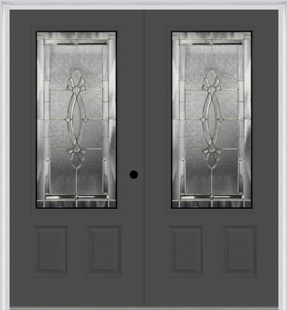 MMI TWIN/DOUBLE 3/4 LITE 2 PANEL 6'0" X 6'8" FIBERGLASS SMOOTH BELAIRE ZINC DECORATIVE GLASS EXTERIOR PREHUNG DOOR 607