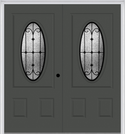 MMI Twin/Double Small Oval 2 Panel 6'8" Fiberglass Smooth Chateau Wrought Iron Decorative Glass Exterior Prehung Door 949