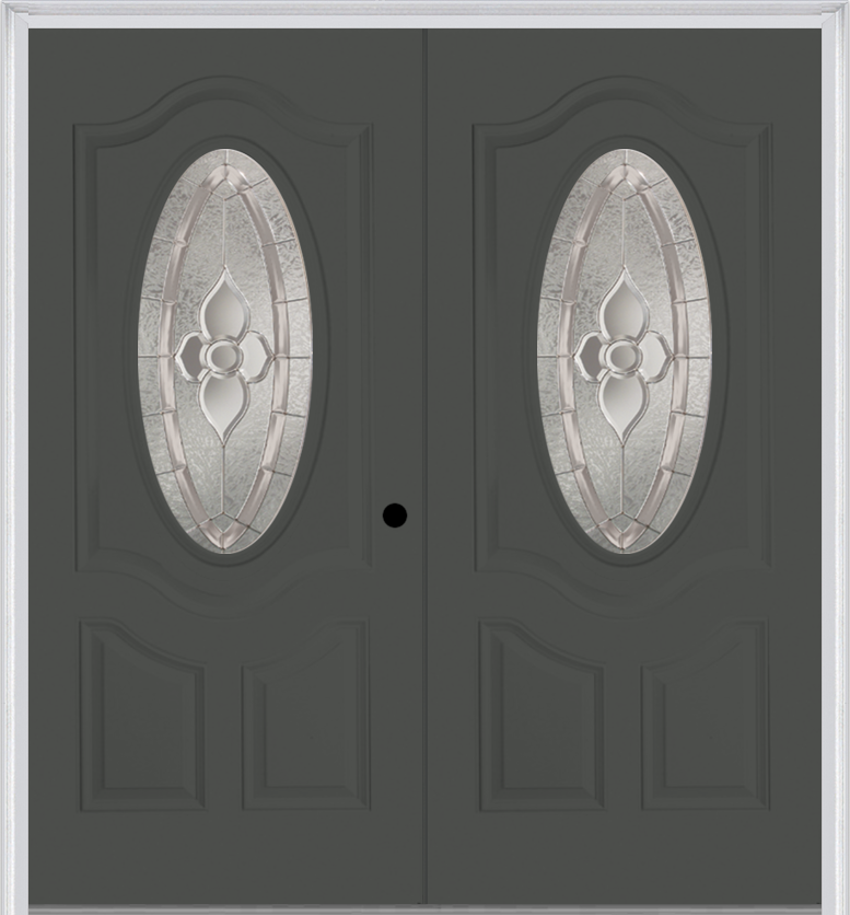 MMI Twin/Double Small Oval 2 Panel Deluxe 6'8" Fiberglass Smooth Nouveau Nickel Or Nouveau Patina Decorative Glass Exterior Prehung Door 749