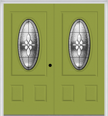 MMI Twin/Double Small Oval 2 Panel 6'8" Fiberglass Smooth Lumiere Patina Decorative Glass Exterior Prehung Door 949