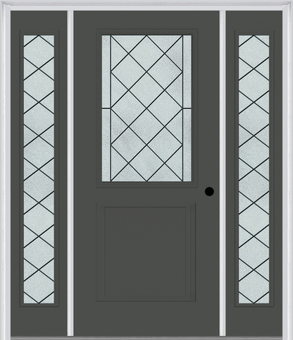 MMI 1/2 Lite 1 Panel 6'8" Fiberglass Smooth Harris Patina Exterior Prehung Door With 2 Full Lite Harris Patina Decorative Glass Sidelights 682