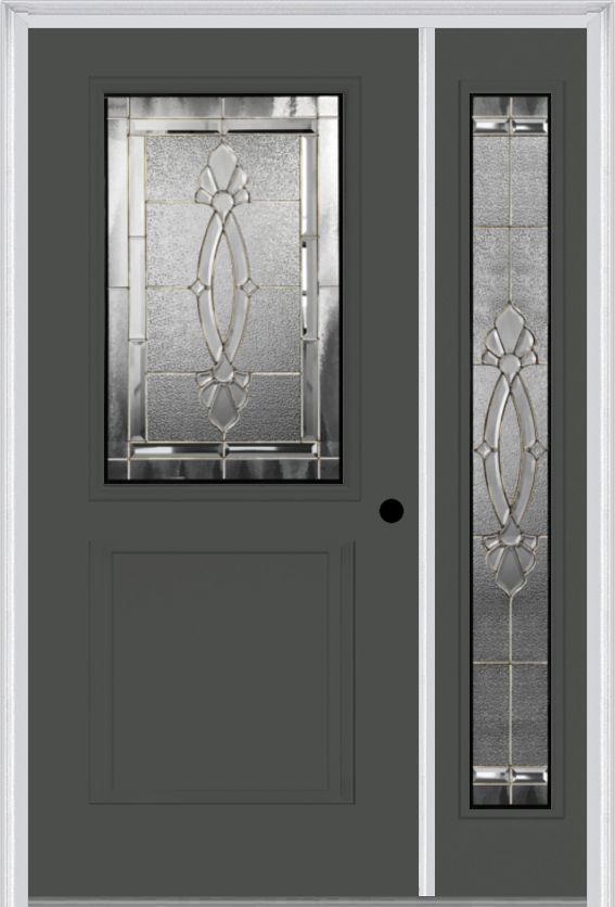MMI 1/2 Lite 1 Panel 6'8" Fiberglass Smooth Belaire Zinc Exterior Prehung Door With 1 Full Lite Belaire Zinc Decorative Glass Sidelight 682
