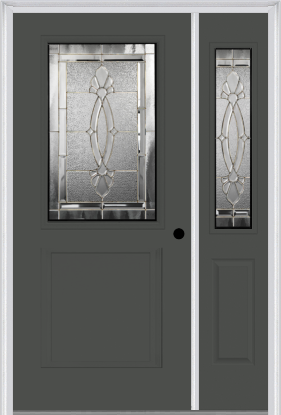 MMI 1/2 Lite 1 Panel 6'8" Fiberglass Smooth Belaire Zinc Exterior Prehung Door With 1 Half Lite Belaire Zinc Decorative Glass Sidelight 682