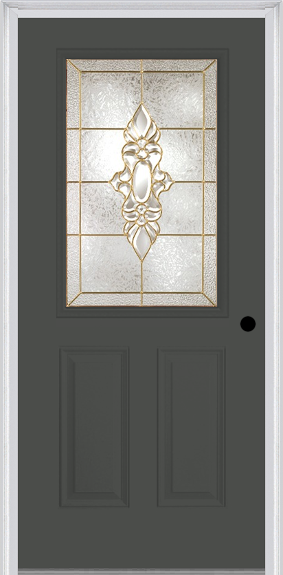 MMI 1/2 Lite 2 Panel 6'8" Fiberglass Smooth Heirlooms Brass Or Heirlooms Satin Nickel Decorative Glass Exterior Prehung Door 684