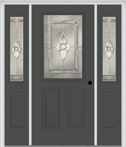 MMI 1/2 Lite 2 Panel 6'8" Fiberglass Smooth Nouveau Nickel Or Nouveau Patina Exterior Prehung Door With 2 Half Lite Nouveau Brass/Nickel/Patina Decorative Glass Sidelights 684