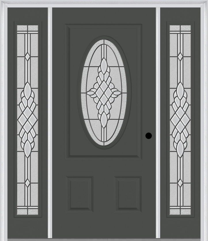 MMI SMALL OVAL 2 PANEL 6'8" FIBERGLASS SMOOTH GRACE NICKEL OR GRACE PATINA EXTERIOR PREHUNG DOOR WITH 2 FULL LITE GRACE NICKEL/PATINA DECORATIVE GLASS SIDELIGHTS 949