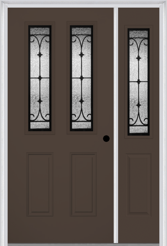 MMI 2-1/2 Lite 2 Panel 6'8" Fiberglass Smooth Chateau Wrought Iron Exterior Prehung Door With 1 Half Lite Chateau Wrought Iron Decorative Glass Sidelight 692
