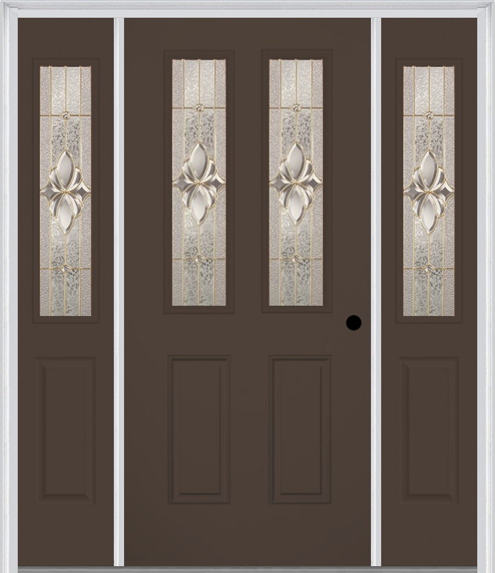 MMI 2-1/2 Lite 2 Panel 6'8" Fiberglass Smooth Heirlooms Brass Or Heirlooms Satin Nickel Exterior Prehung Door With 2 Half Lite Heirlooms Brass/Satin Nickel Decorative Glass Sidelights 692