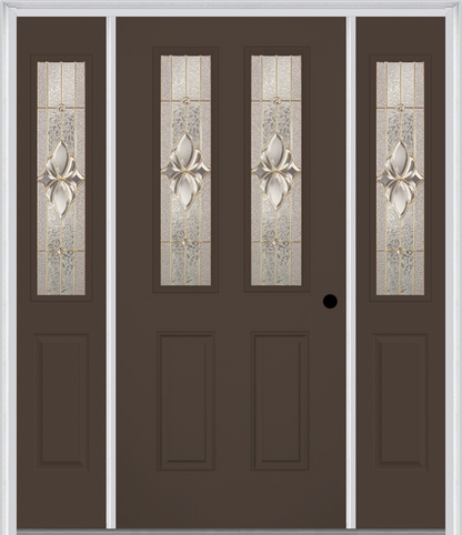 MMI 2-1/2 Lite 2 Panel 6'8" Fiberglass Smooth Heirlooms Brass Or Heirlooms Satin Nickel Exterior Prehung Door With 2 Half Lite Heirlooms Brass/Satin Nickel Decorative Glass Sidelights 692