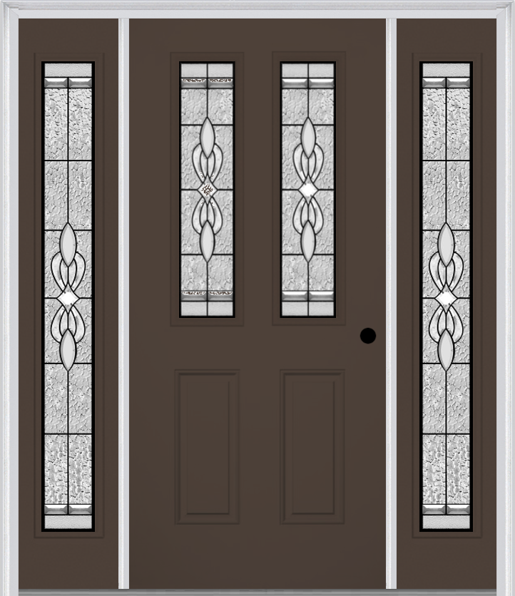 MMI 2-1/2 Lite 2 Panel 6'8" Fiberglass Smooth Jamestown Patina Exterior Prehung Door With 2 Full Lite Jamestown Patina Decorative Glass Sidelights 692