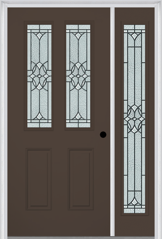 MMI 2-1/2 Lite 2 Panel 6'8" Fiberglass Smooth Selwyn Patina Exterior Prehung Door With 1 Full Lite Selwyn Patina Decorative Glass Sidelight 692
