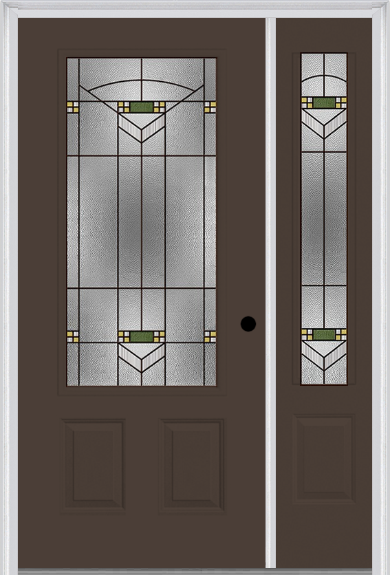 MMI 3/4 Lite 2 Panel 6'8" Fiberglass Smooth Greenfield Oil Rubbed Bronze Exterior Prehung Door With 1 Greenfield Oil Rubbed Bronze 3/4 Lite Decorative Glass Sidelight 607