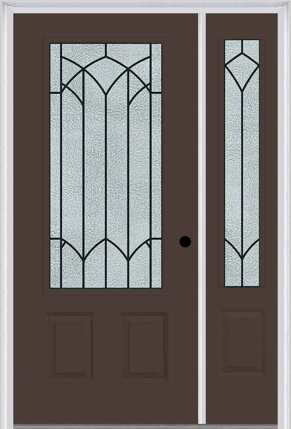 MMI 3/4 Lite 2 Panel 6'8" Fiberglass Smooth Montclaire Wrought Iron Exterior Prehung Door With 1 Montclaire Wrought Iron 3/4 Lite Decorative Glass Sidelight 607