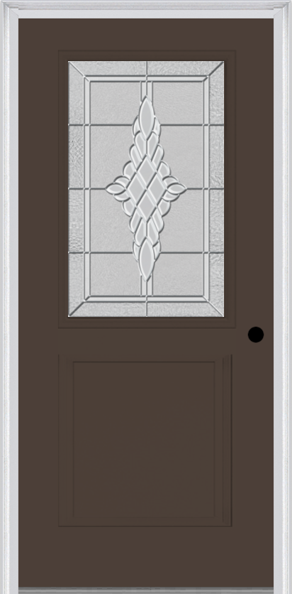 MMI 1/2 Lite 1 Panel 6'8" Fiberglass Smooth Grace Nickel Or Grace Patina Decorative Glass Exterior Prehung Door 682