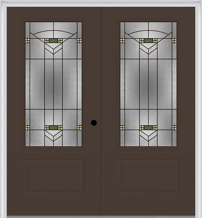 MMI TWIN/DOUBLE 3/4 LITE 1 PANEL 6'0" X 6'8" FIBERGLASS SMOOTH GREENFIELD OIL RUBBED BRONZE DECORATIVE GLASS EXTERIOR PREHUNG DOOR 608