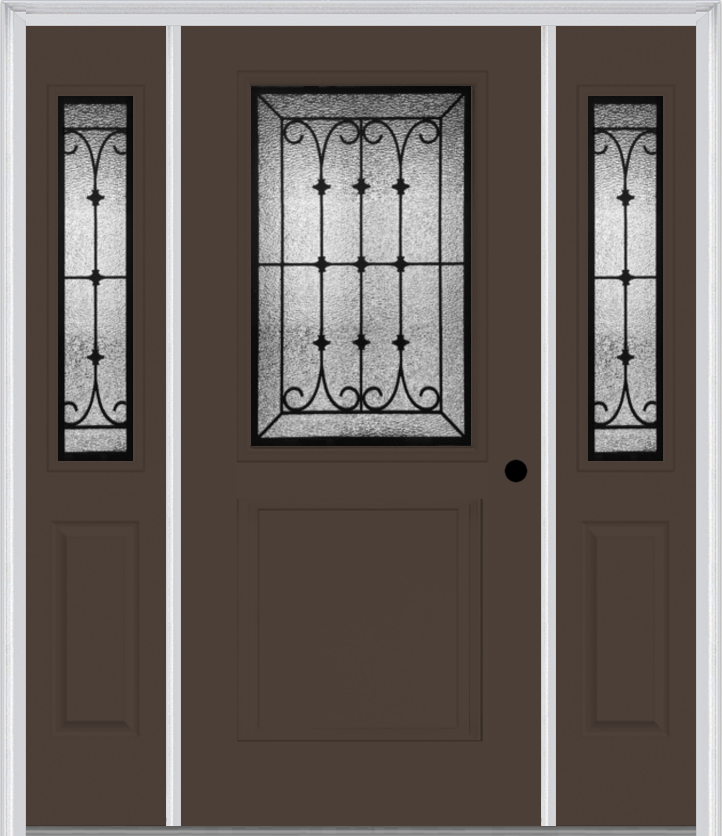 MMI 1/2 Lite 1 Panel 6'8" Fiberglass Smooth Chateau Wrought Iron Exterior Prehung Door With 2 Half Lite Chateau Wrought Iron Decorative Glass Sidelights 682