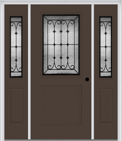 MMI 1/2 Lite 1 Panel 6'8" Fiberglass Smooth Chateau Wrought Iron Exterior Prehung Door With 2 Half Lite Chateau Wrought Iron Decorative Glass Sidelights 682