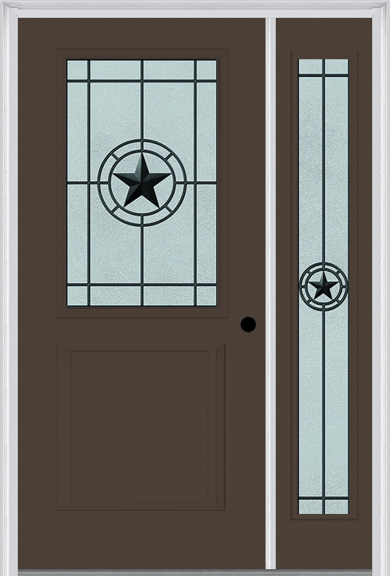 MMI 1/2 Lite 1 Panel 6'8" Fiberglass Smooth Elegant Star Wrought Iron Exterior Prehung Door With 1 Full Lite Elegant Star Wrought Iron Decorative Glass Sidelight 682