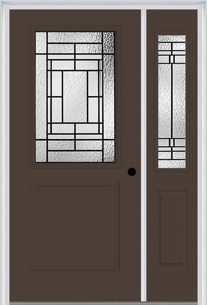 MMI 1/2 Lite 1 Panel 6'8" Fiberglass Smooth Pembrook Patina Exterior Prehung Door With 1 Half Lite Pembrook Patina Decorative Glass Sidelight 682