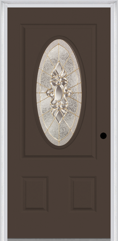 MMI Small Oval 2 Panel 6'8" Fiberglass Smooth Heirlooms Brass Or Heirlooms Satin Nickel Decorative Glass Exterior Prehung Door 949