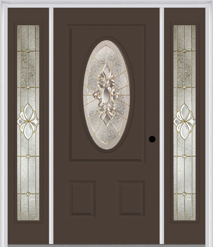 MMI SMALL OVAL 2 PANEL 6'8" FIBERGLASS SMOOTH HEIRLOOMS BRASS OR HEIRLOOMS SATIN NICKEL EXTERIOR PREHUNG DOOR WITH 2 FULL LITE HEIRLOOMS BRASS/SATIN NICKEL DECORATIVE GLASS SIDELIGHTS 949